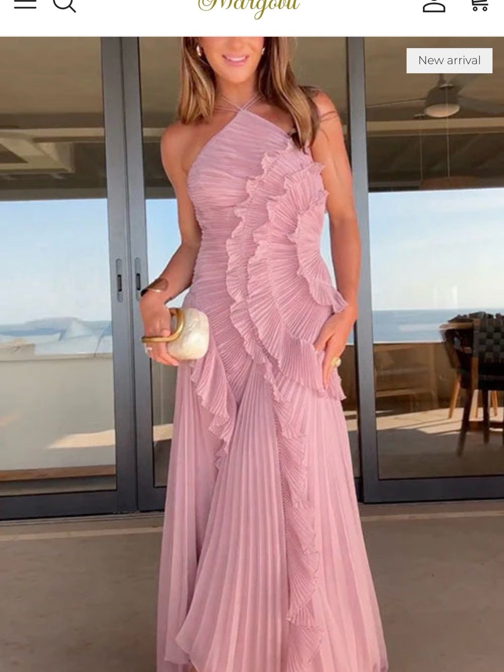 Asymmetric One-Shoulder Pleated Ruffle Maxi Dress — Dusty Pink